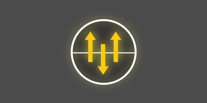 Gelb-weißes Symbol mit Pfeilen innerhalb eines Kreises, die nach oben und unten zeigen, vor dunkelgrauem Hintergrund, das Atmungsaktivität und Feuchtigkeitsableitung darstellt.
