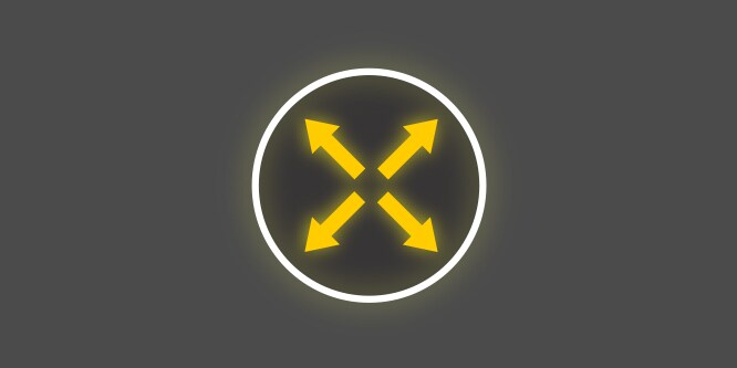 Gelb-weißes Symbol mit vier Pfeilen, die vom Zentrum eines Kreises nach außen zeigen, vor dunkelgrauem Hintergrund, das Dehnung in vier Richtungen darstellt.
