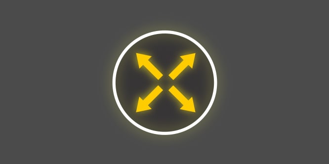 Gelb-weißes Symbol mit vier Pfeilen, die vom Zentrum eines Kreises nach außen zeigen, vor dunkelgrauem Hintergrund, das Dehnung in vier Richtungen darstellt.
